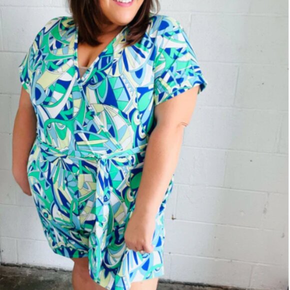 Green & Blue Geometric Print Surplice Romper 3X - Picture 3 of 4